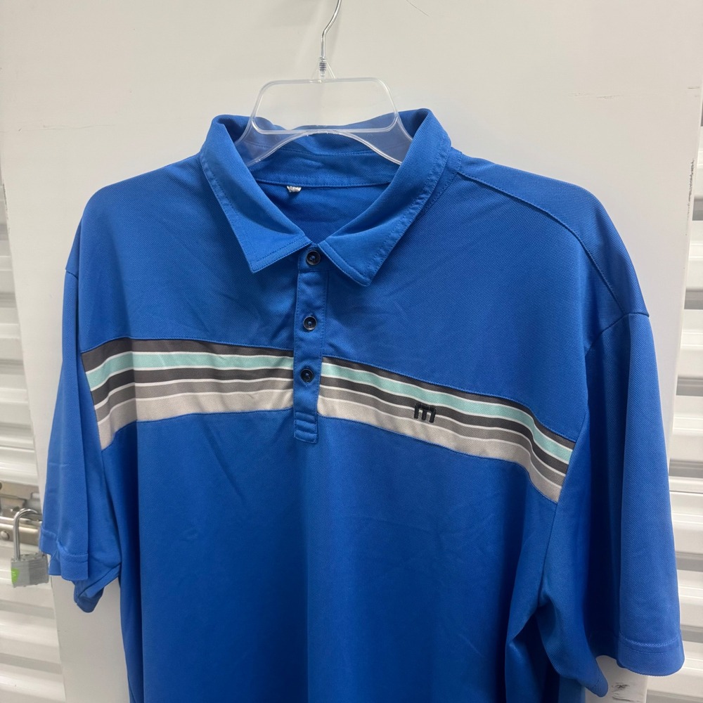 TravisMathew Mens XXL Blue Striped Performance Golf Polo Short Sleeve Shirt